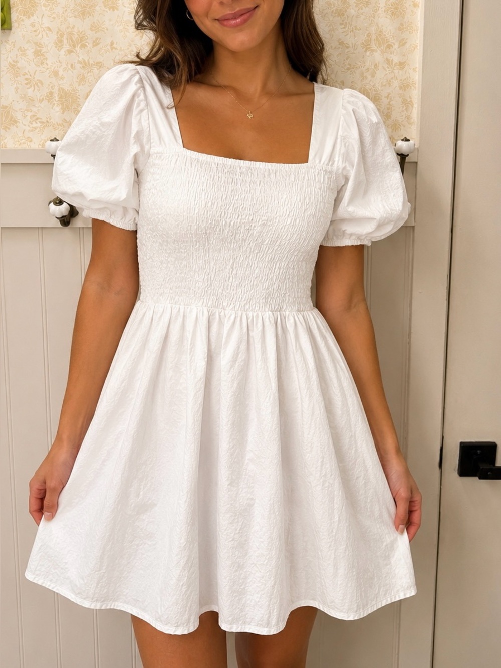 Crescent White Puff-Sleeve Square-Neck Mini Dress